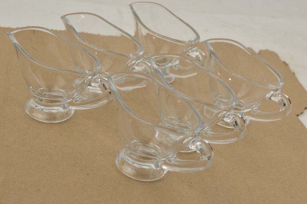 Set of 6 Mini Clear Glass Gravy Boats Sauce Pitchers Footed 4" Embossed P